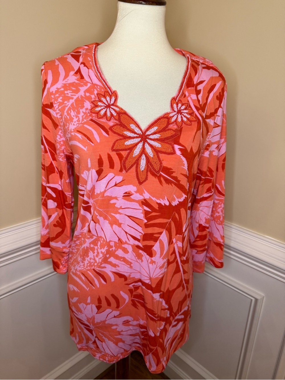 Soft Surroundings Women's Coral & Pink Floral V-Neck Top